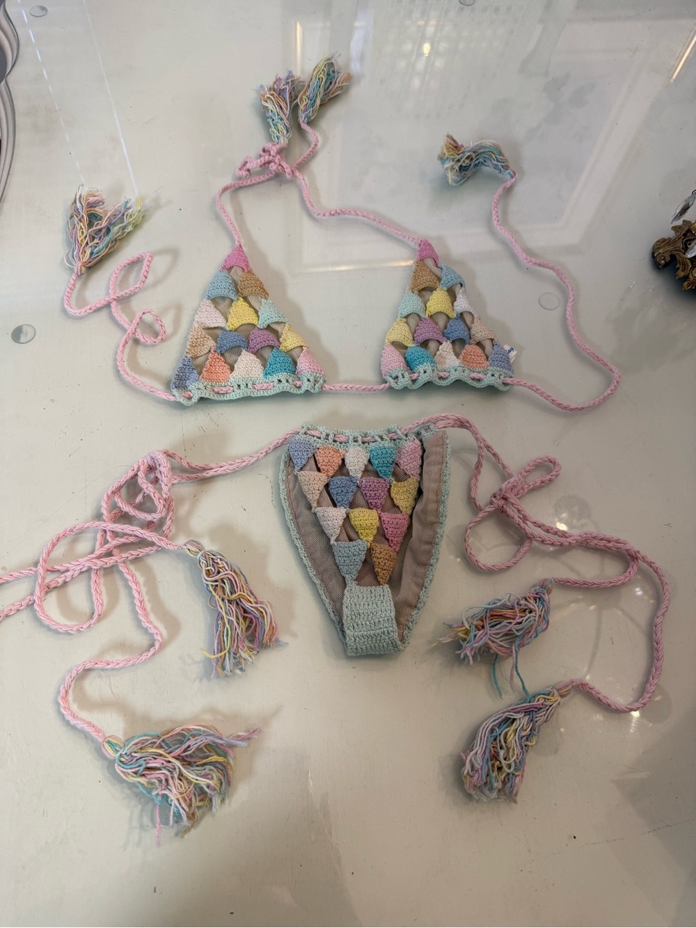Hand-Crocheted Pastel Triangle Bikini Top & Bottom - Multicolor